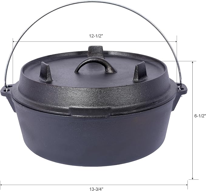 Cast Iron Camping Dutch Oven with Lid Lifter and Rack, 2-In-1 Pre-Seasoned Skillet Lid Cooking Pan with Pull Ring, Use on the Stove, on the Grill, Campfire & Stovetop Safe, 4.5 Quart/6 Quart/8 Quart/12 Quart (8 QT)