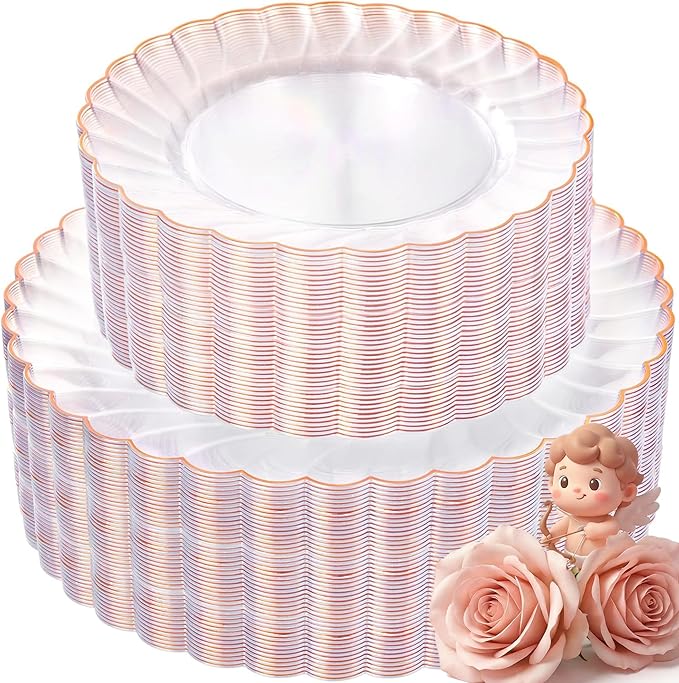 YOUBET 100PCS Rose Gold Scalloped Plastic Plates - Heavy Duty Clear Rose Disposable Fancy Hard Plates Include 50 Dinner Plate, 50 Dessert Plate for Wedding & Baby Shower Party