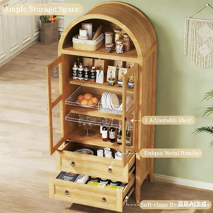 71" Tall Pantry Cabinet, Arched Cabinet, Kitchen Storage Cabinets with 2 Large Drawers & Adjustable Shelves & Glass Door for Living Room, Kitchen, Dining Room, Natrual