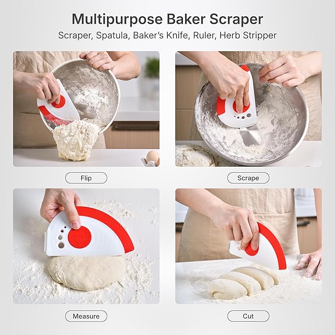 Nextrend BakerScraper ??5-in-1 Flexible Bowl Scraper, Bench Scraper and Dough Scraper with Stainless Steel Edge, Ruler & Herb Stripper ??BPA Free, Dishwasher Safe - Red
