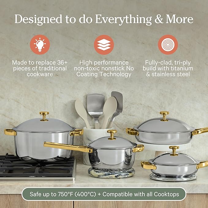Our Place Titanium Pro Cookware Set | 10-Piece Pots and Pans Set with Always Pan Pro, Perfect Pot Pro & Minis | Non-Toxic No-Coating Nonstick | Induction & Oven-Safe up to 750째F | Gold