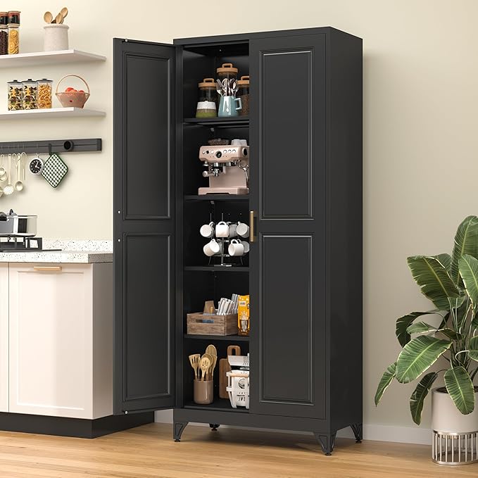 75??Tall Kitchen Pantry Cabinet,Metal Storage Cabinet with Doors and Adjustable Shelves,Modern Kitchen Hutch Cabinets,Freestanding Cupboard for Dining Living Room