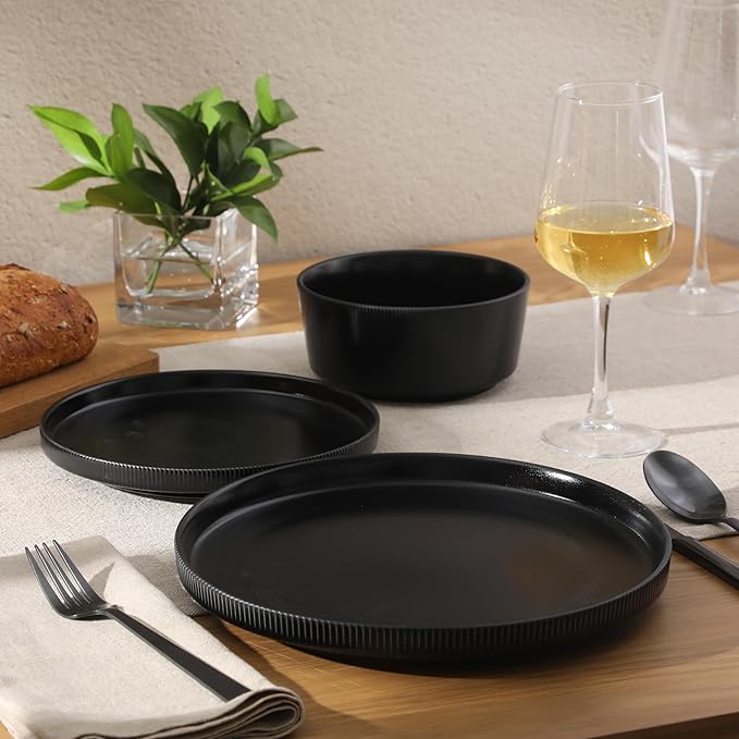 Gibson Home Dempsey Road 12-Piece Stoneware Dinnerware Set ??Service for 4, Round Black Plates and Bowls, Durable Solid Color Modern Embossed Dish Set, Microwave & Dishwasher Safe