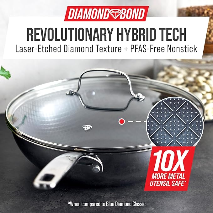 Blue Diamond Hybrid Nonstick Stainless Steel 12??Wok with Lid, PFAS-Free Ceramic Diamond Bond Stir-Fry Pan, Induction Ready, Dishwasher & Oven Safe, Metal Utensil Safe, Stay-Cool Handle, Silver
