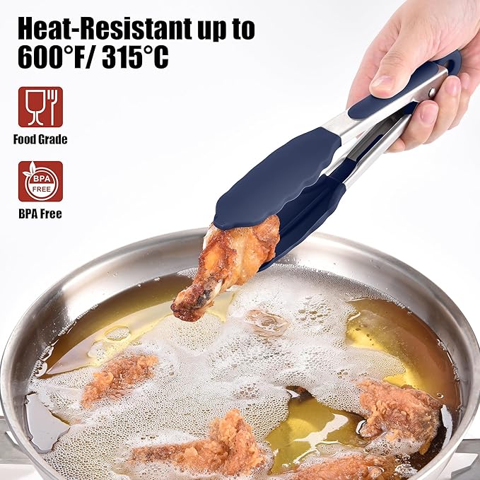 Doosu Kitchen Tongs for Cooking - 600째F Heat Resistant Food Tong with Non-Scratch Silicone Tips, Heavy Duty Stainless Steel Locking Tong for BBQ, Grilling Steak, Serving Salad Pasta (7in, Navy Blue)