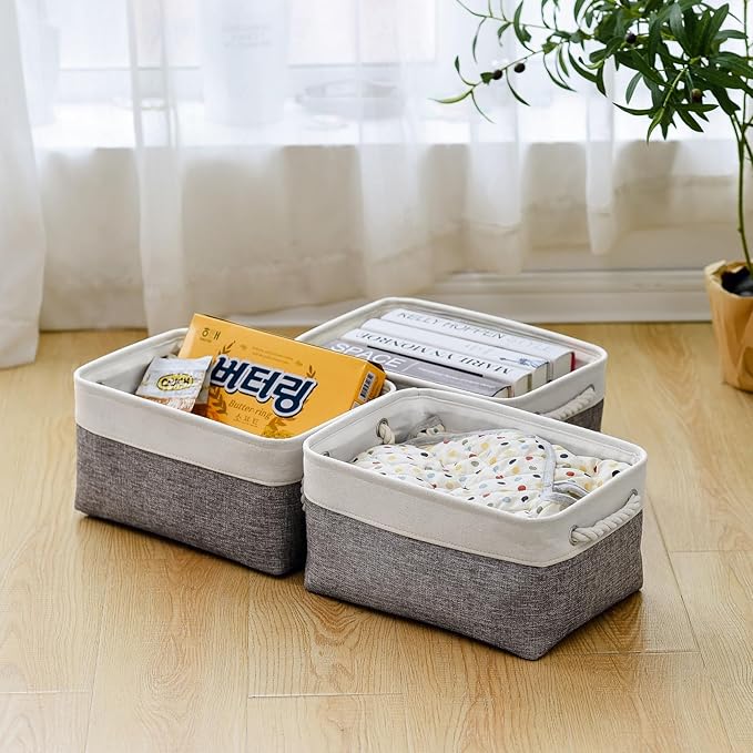 TheWarmHome Storage Bins for Shelves - 13.8L횞9.8W횞6.7H inch 3 Pack Medium Collapsible Storage Baskets for Organizing | Fabric Storage Cubes for Linen Closet Toy Home (White&Grey)