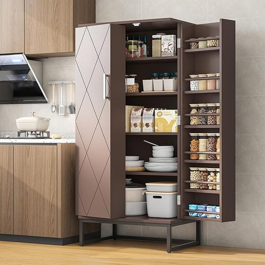 51??Pantry Cabinets, Freestanding Kitchen Pantry Storage Cabinet with Adjustable Shelves, Buffet Cupboards Storage Cabinet for Home Office Use (Brown)