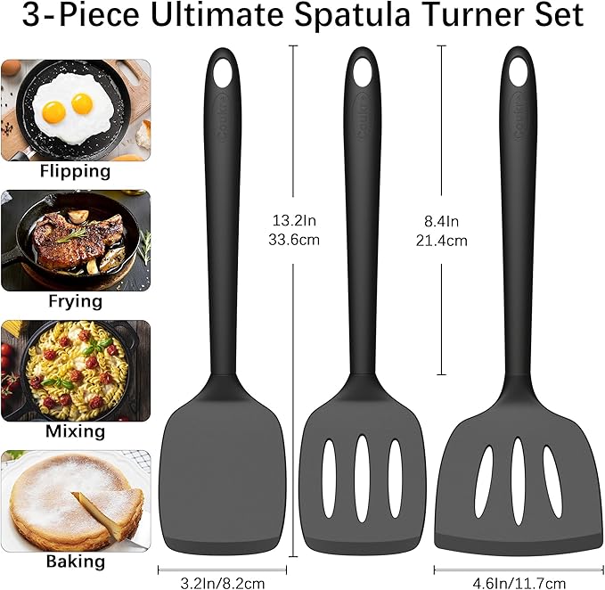 Coukre 3 Pack Silicone Spatula Set, High Heat Resistant, BPA-Free, Fish Spatula, Solid & Slotted Turner for Non-Stick Pans, Flipping Eggs, Pancakes, Fish, Burgers (3, Black)