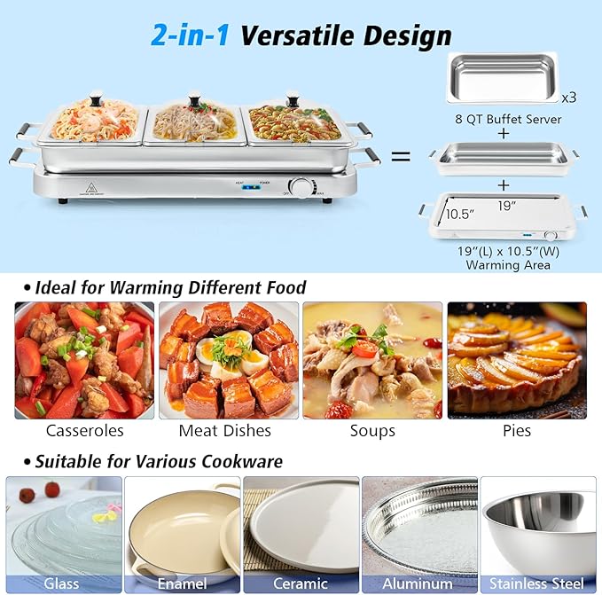 LDAILY Buffet Servers and Warmers, 8 QT Stainless Food Warmer w/Adjustable Temp, Triple Chafing Dishes & Clear Slotted Lids, 450W Electric Warming Trays for Buffets Party, Banquets, Holiday Events