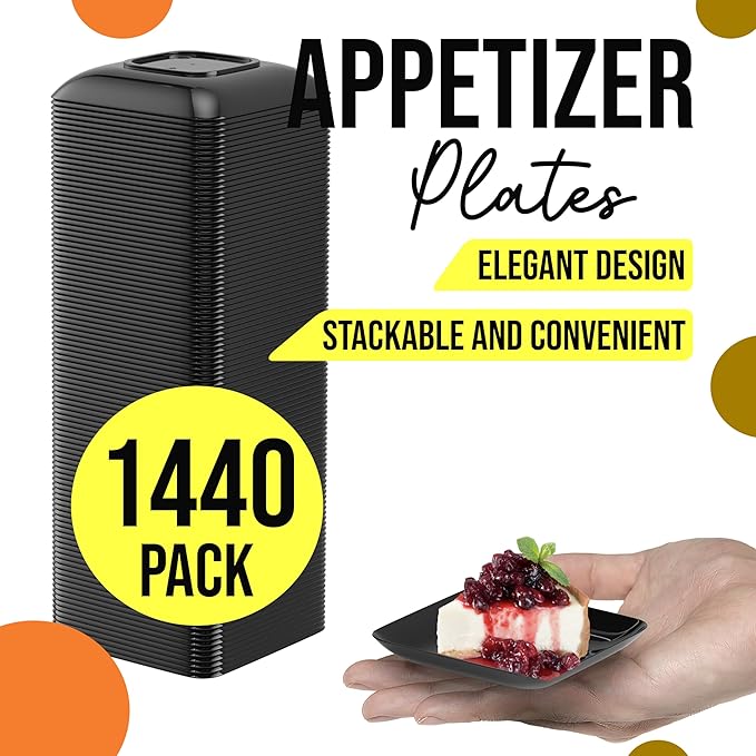 Exquisite Tiny Mini Dessert Plates Disposable Appetizer Plates - 1440 Pack 2.4 In. x 2.4 In. Black Dessert Plates - Small Plastic Disposable Dessert Plates are BPA Free - Wedding Dessert Plates