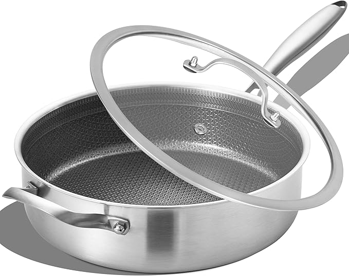 LOLYKITCH 6 Quarts Hybrid Non Stick Tri-Ply Stainless Steel Saut챕 Pan with Lid,12 Inch Deep Frying Pan,Large Skillet,Induction Cooking Pan, Oven Safe and Detachable Handle.