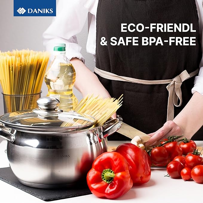 Daniks Classic 2 Quart Stainless Steel Stock Pot with Glass Lid, Tri-Ply Bottom for Even Heating, Induction Compatible, Dishwasher Safe