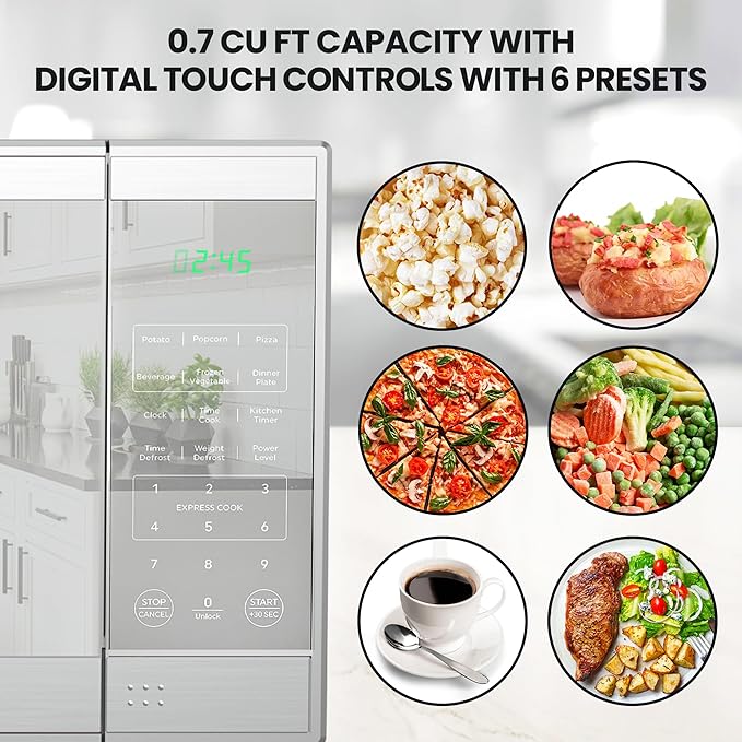 Total Chef 0.7 Cu Ft Microwave Oven - Countertop Small Kitchen Appliance, Stainless Steel Microwave with Digital Touch, Pre-Set Functions, 10??Turntable, 700 Watt