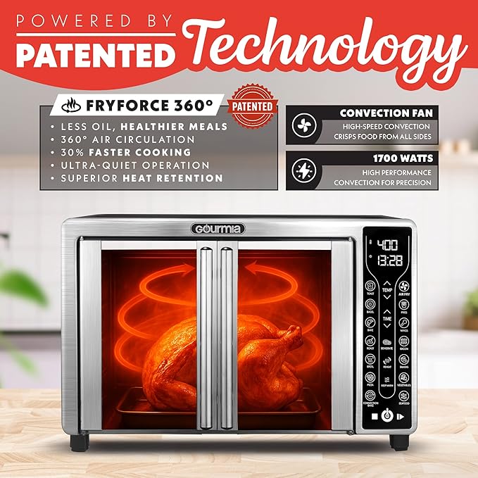 Gourmia French Door Air Fryer ??25 Qt Large Capacity Convection Oven, Fryfroce 360째, Digital Display with 17 Cooking Presets, Bake, Toast, Roast, Dehydrate, Fits 12??Pizza