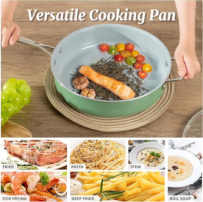 Nonstick Saut챕 Pan with Lid 5 QT Deep Frying Pan with Stainless Steel Helper Handle 12 inch Large Skillet Ceramic Jumbo Cooker for Healthy Cooking, Induction Compatible Cookware, PFOA Free