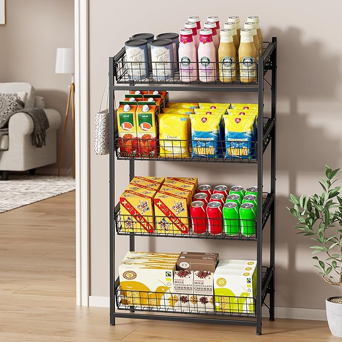 VOPEAK 4 Tier Retail Snack Display Stand, Metal Retail Display Rack with 2 Hooks, Potato Storage Rack, Concession Stand Candy Organizer, Easy Assembly Fruit Basket, Snack Organizer for Pantry, Office