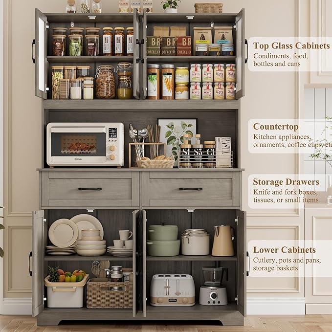 71" Farmhouse Kitchen Pantry Cabinet, Tall Pantry Cabinet with Microwave Stand, Kitchen Hutch with Drawer and Shelves for Dining Room, Grey