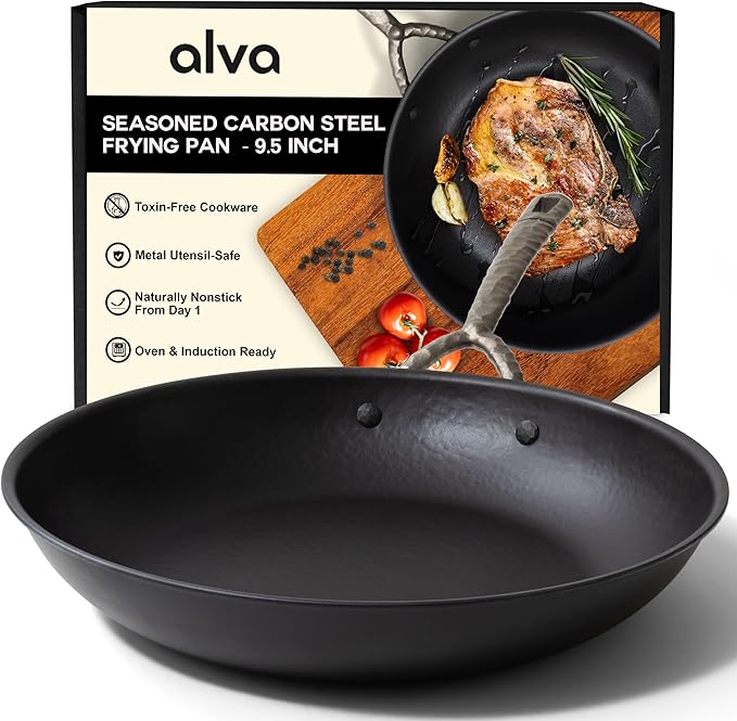 Alva Artist 9.5??Carbon Steel Frying Pan ??Naturally Nonstick, Chemical-Free (No PTFE, PFOA, PFAS), Induction-Ready & Oven-Safe, Built for Lifetime Durability, Pro-Level Heat Control, Belgian Design