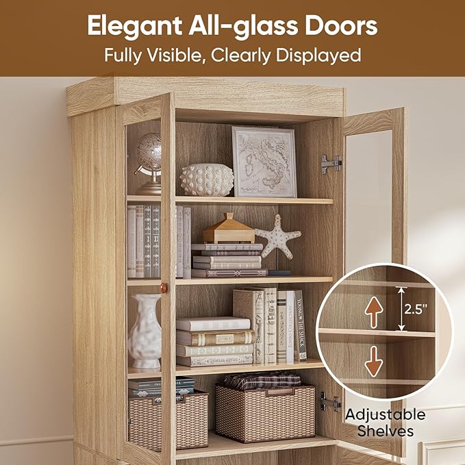 71" Tall Farmhouse Bookshelves with Glass Doors, Rustic Large Bookcase with Adjustable Shelves, Wooden Storage Cabinet for Living Room, Kitchen, Home Office, Dining Room, Brown Glass Door(3 Pcs)