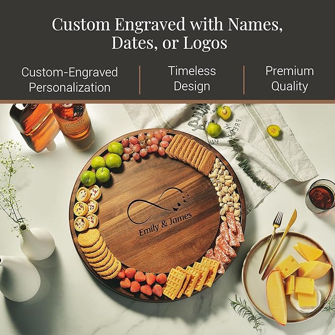 Shanik Acacia Wood Rotating Cheese Board ??Round Lazy Susan Charcuterie Platter for Appetizers, Crackers, Meat, and Cheese Serving Tray