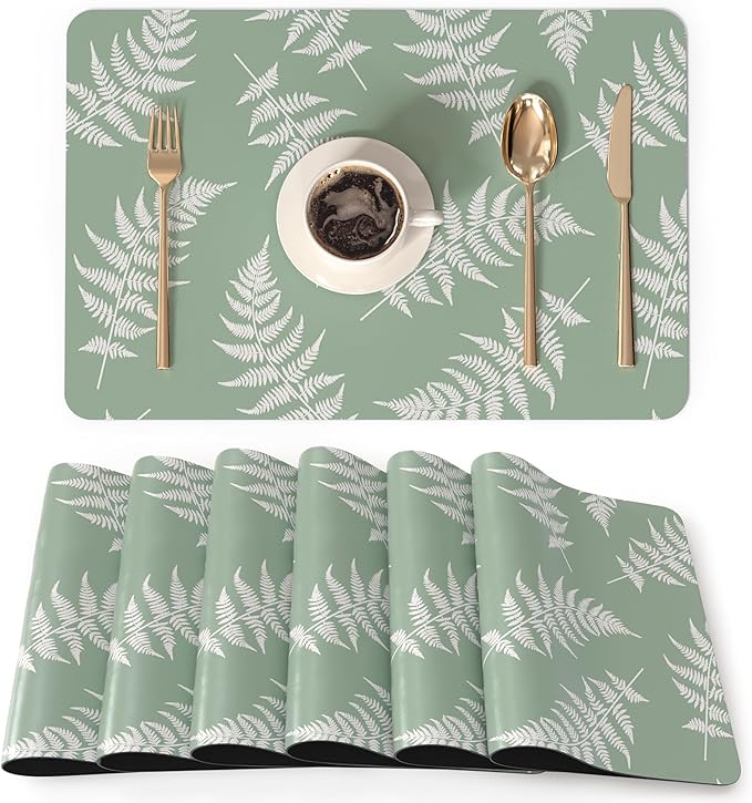 QIYI Placemats Set of 6, 12x18 Inch Faux Leather Place Mats for Kitchen Dinning, Heat Resistant Anti Slip Green White Table Mats, Waterproof Wipeable Washable Placemat Party Table D챕cor, Fern Leaves
