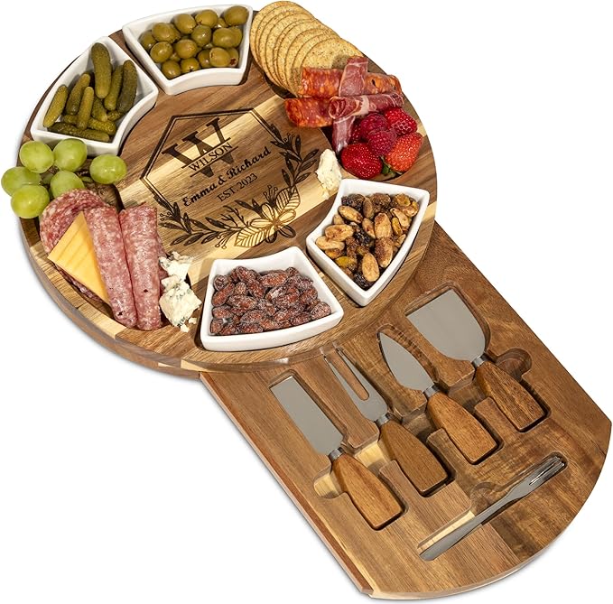 Personalized Charcuterie Board Gift Set ??Custom Engraved Acacia Cheese Board with Ceramic Bowls, Wedding & Housewarming Gifts, for Women & Men