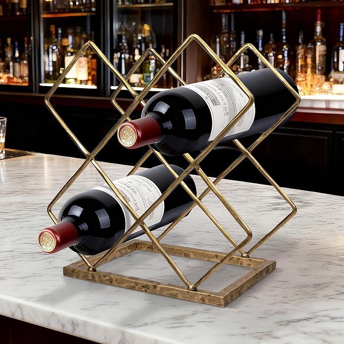 BEGINS Wine Rack Countertop, Hand Forged Wine Holder, Metal Solid Wine Storage Rack with Hammered Texture Frame,Tabletop Wine Storage Stand for Cabinet, Pantry, Bar