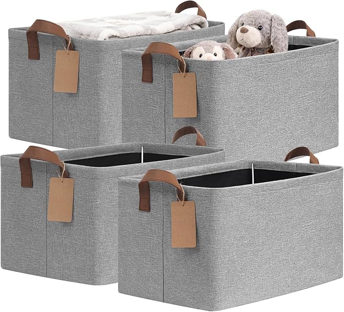 CHICVITA 4 Pack Large Storage Baskets for Shelves, Foldable Storage Bins for Clothes Towels Organization, Toy Organizer Bins for Nursery, Living Room, 16.8" x 11" x 9.8", Gray