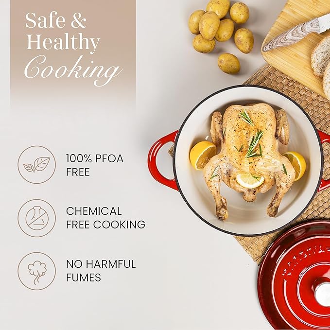 Nuovva Enamelled Cast Iron Dutch Oven Pot with Lid ??6.4 Quart Non Stick Casserole Pot ??Heavy Duty & Oven Safe up to 500째 F for Bread Baking, Braising, Stews, Roasting ??28cm Red