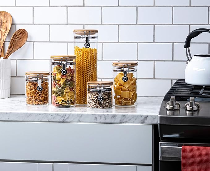 Le'raze Set of 5 Borosilicate Glass Food Storage Canisters with Airtight Bamboo Clamp Lid, Kitchen Bathroom and Pantry Organization Containers, Cookie Jars for Flour