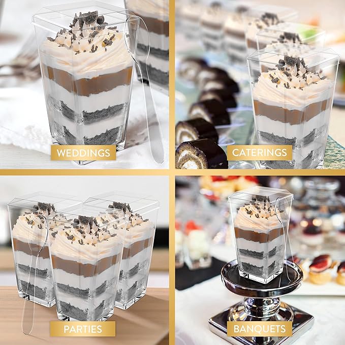 100 Pack 3 oz Mini Dessert Cups with Lids and Spoons (Clear Spoons) - Plastic Shooter Appetizer Parfait Cups with Lids Reusable - BPA Free Catering Supplies for Party - Dessert Bowls (CLEAR SPOONS)