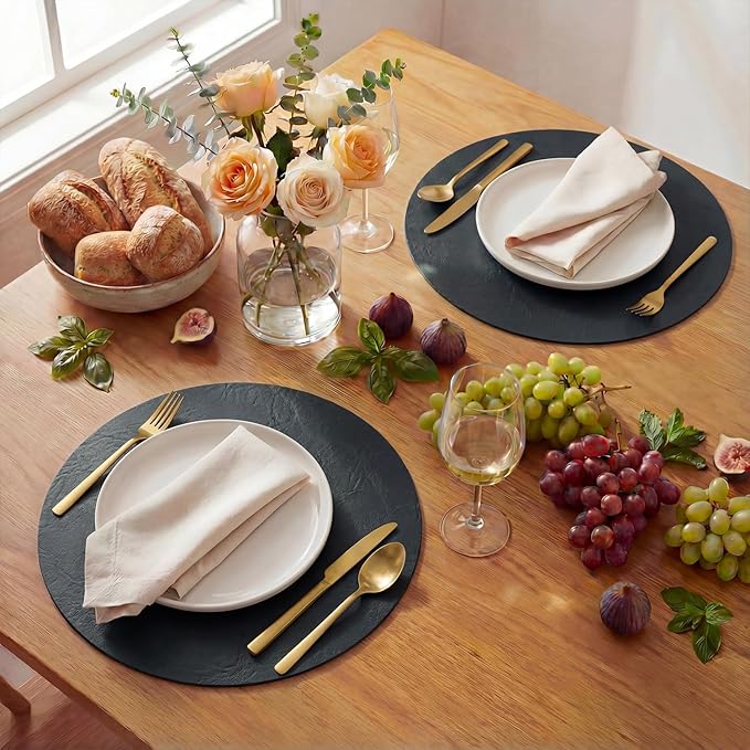 Artoid Mode Black Faux Leather Placemats Set of 4, 15 Inch Waterproof Wipeable Heat Resistant Place Mats, Reversible Table Mats for Kitchen Dining Decor