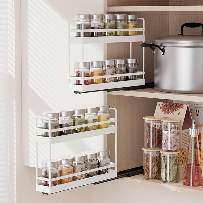Finnhomy Pull Out Spice Racks for Inside Cabinets, Whole Metal Manufacturing, Vertical Spice Rack Pull Out, Spice Organizer, 2.16" W 횞 10.39" D 횞 9.76" H, 2 Drawers & 2 Tiers, 2 Pack, Light Gray