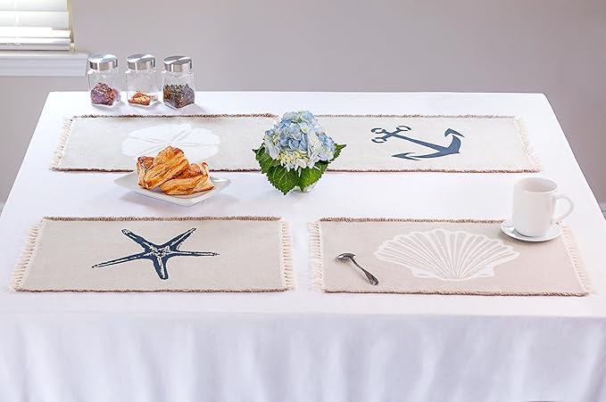 Living Fashions Table Placemats Set Of 4 - Beach Themed Nautical Kitchen Placemats For Dining Table - 100% Washable Cotton Place Mat- Seashell, Sand Dollar, Starfish & Anchor Designs With Fringes