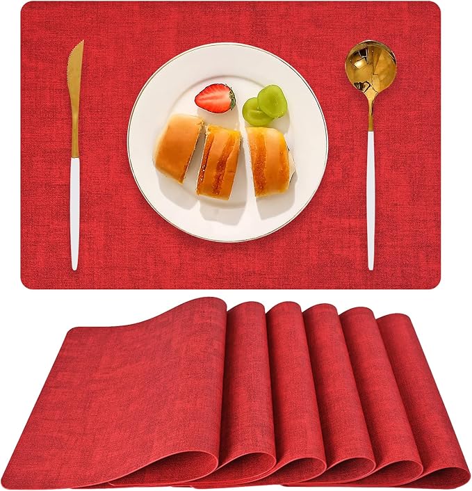 Boobezeen Faux Leather Placemats Set of 6, Heat Resistant Wipeable Washable Vinyl Place Mats, Waterproof Anti-Slip Dining Table Mats, Suitable for Indoor & Outdoor Use (red)