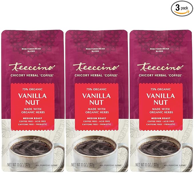 Teeccino Vanilla Nut Chicory Coffee Alternative - 11 Ounce - Ground Herbal Coffee That?™s Prebiotic, Caffeine Free & Acid Free, Medium Roast, (Pack of 3)