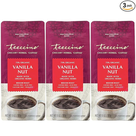 Teeccino Vanilla Nut Chicory Coffee Alternative - 11 Ounce - Ground Herbal Coffee That?™s Prebiotic, Caffeine Free & Acid Free, Medium Roast, (Pack of 3)