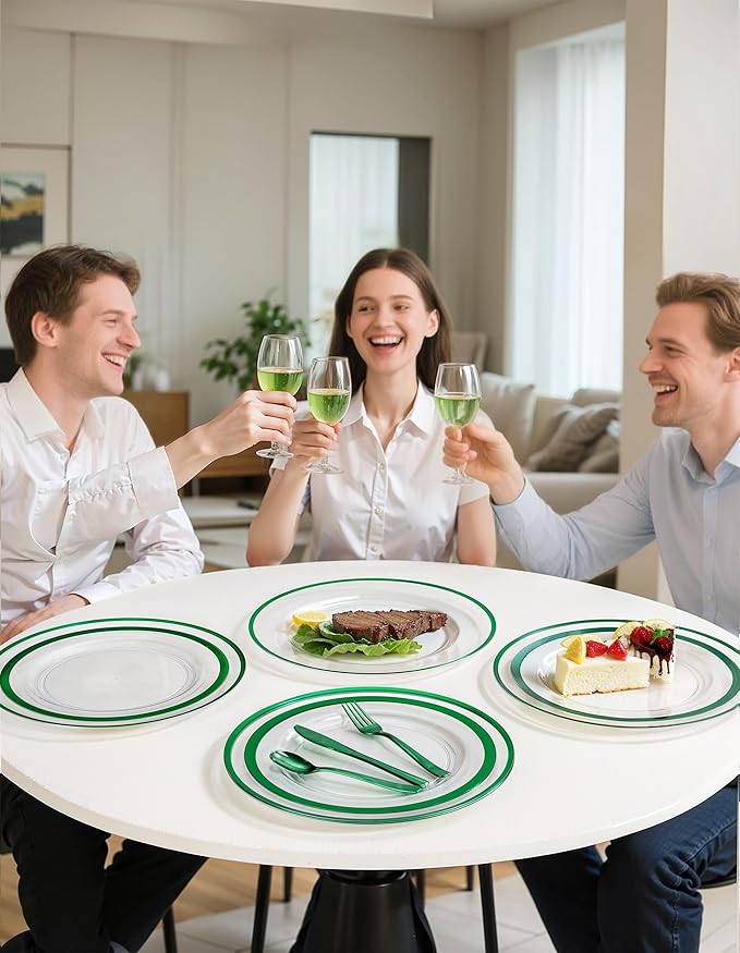 WDF 12 Inch Green Charger Plates - Charger Plates Bulk - 25Pack Plastic Clear and Green Charge Plate Perfect for Dinner/Wedding/Party/St. Patrick's Day