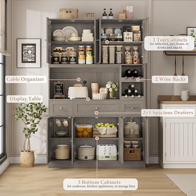 Pantry Organizers and Storage Cabinet, 72??Tall Kitchen Pantry Storage Cabinet with Microwave Stand, Wine Rack, Drawers and Adjustable Shelf for Dining Room, Living Room, Home BarAsh Grey