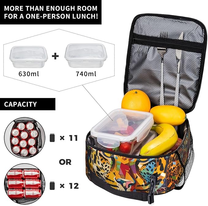 VANZEV Colorful Leopard Face Pattern Insulated Lunch Box Gifts for Kids Adults Vibrant Cheetah Print Reusable Portable Lunchbox Cooler Lunchbag for Work Picnic School Travel or Hiking