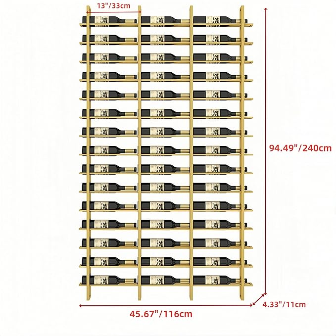 45-Bottle 3-Column Wall-Mounted Wine Rack, Gold Metal Wine Bottle Holder with Vertica Design, Space-Saving Wine Storage Shelf for Home Bar, Kitchen, Restaurant & Cellar(45 Bottles, 45.67" W)