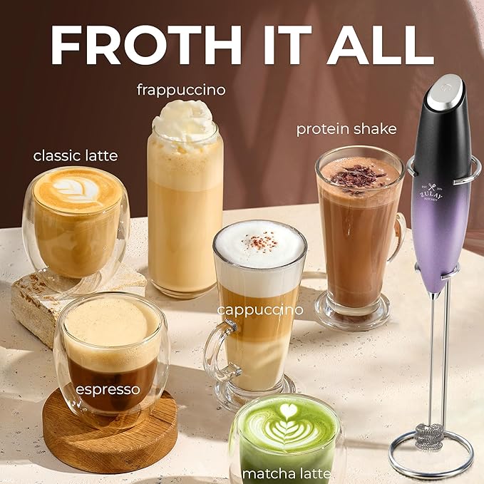 Zulay Kitchen Patented Tornado Triple Whisk Milk Frother with 4 Duracell Batteries ??Handheld Foam Maker for Coffee, Lattes, Matcha & Hot Chocolate ??Rich, Creamy Froth in Seconds