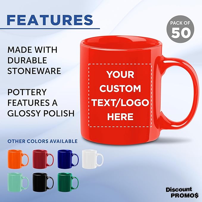 Custom Ceramic Coffee Mugs 11 oz. Set of 50, Personalized Bulk Pack - Coffee cup set, Iced coffee cup, Gaming mug - Red