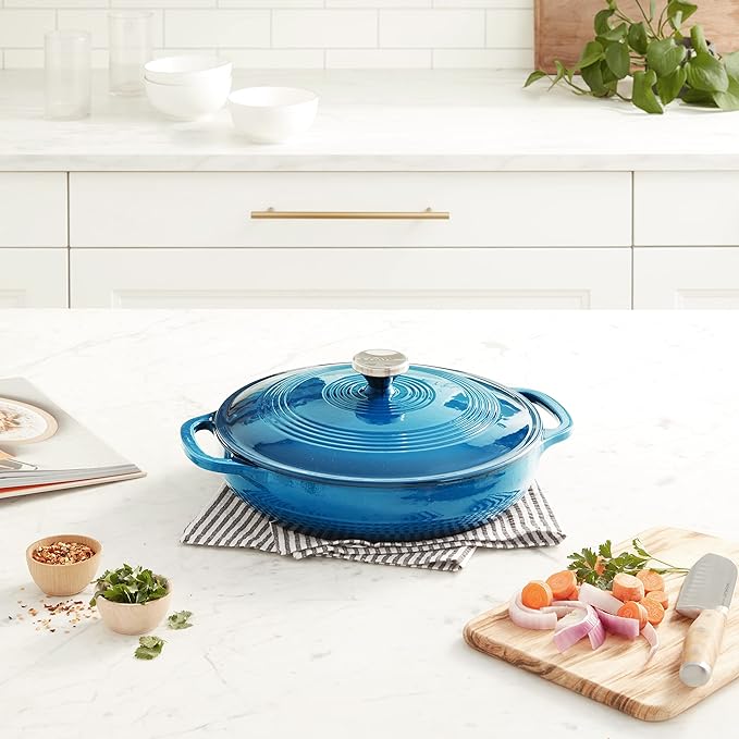 Lodge 3.6 Quart Enameled Cast Iron Casserole with Lid ??Dual Handles ??Oven Safe up to 500째 F or on Stovetop - Use to Marinate, Cook, Bake, Refrigerate and Serve ??Cornflower Blue