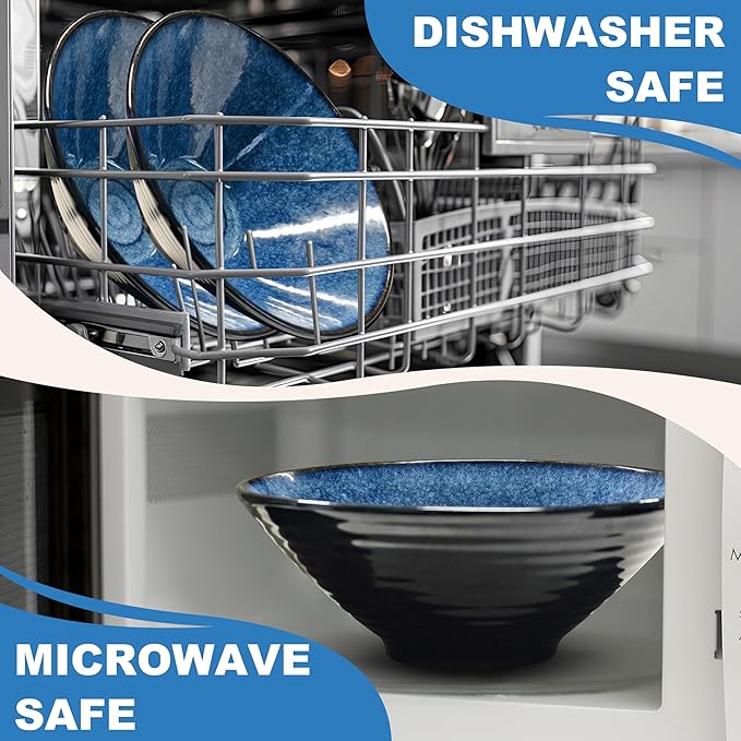 8-Inch 4 Sets Ceramic Ramen Bowl (16 Piece) - Japanese Porcelain Dishwasher Microwave Safe Salad Noodles Cereal Pasta Soup Large Bowls with Chopsticks Forks Spoons for Men Women Housewarming Gift
