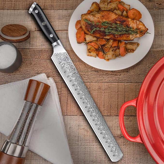 SENKEN 12" Damascus Steel Brisket Knife - Shogun Collection - 67-Layer Japanese VG10 Steel w/Full-Body G10 Military Grade Handle - Ultra Sharp Carving Knife for Brisket, Meat, Roasts, and Large Fruit