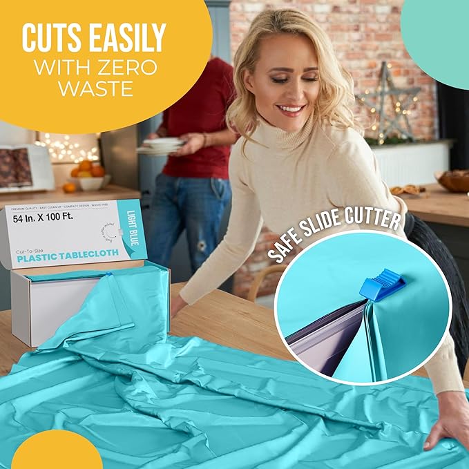 Exquisite Light Blue Plastic 54x100in Table Cover Roll with Built-in Cutter - 100 Feet, Disposable, Waterproof, All-Season, Rectangular