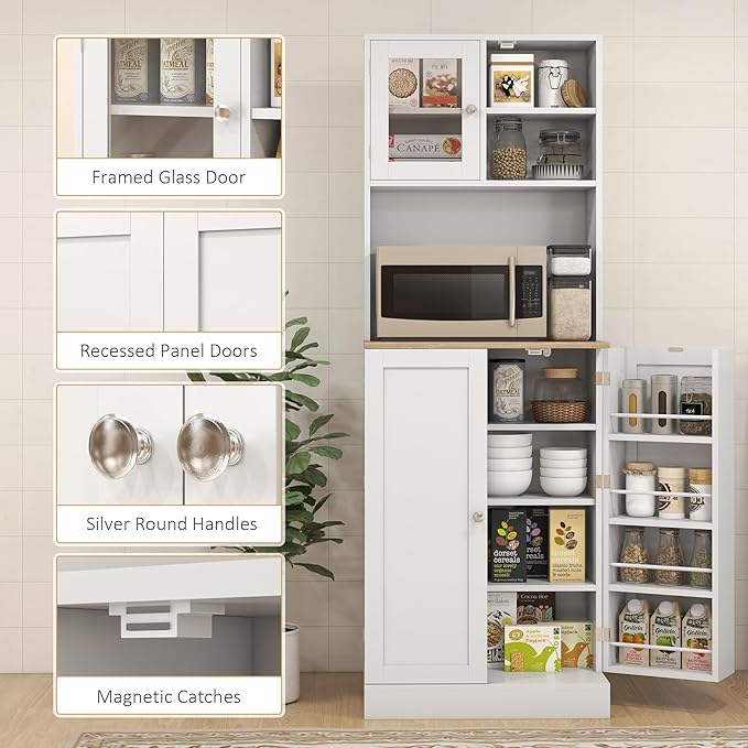 Zateety 66.5" Pantry Cabinet with Microwave Stand, Freestanding Kitchen Storage Cabinet with Hutch, 8 Door Shelves, Adjustable Shelves, Food Pantry Cabinet for Dining Room, White
