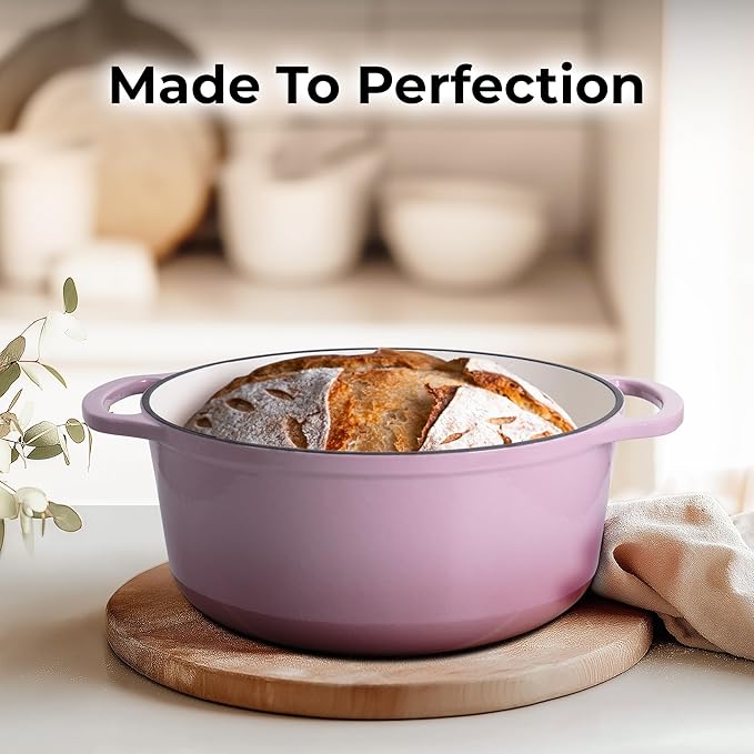 Zulay Kitchen 5 Quart Enameled Cast Iron Dutch Oven Pot with Lid ??Premium Durability & Oven Safe up to 500째F ??Heavy Duty Cookware Perfect for Bread Baking, Stews, Braising & Roasting ??Pink