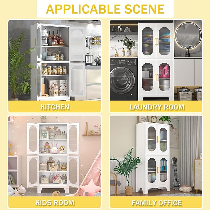 61" Acrylic Glass Pantry Cabinet with Adjustable Shelves for Kitchen, Living Room, Laundry Room and Dining Room